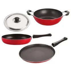 NIRLON Classic Range Aluminium NonStick Flat Tawa |Fry Pan|Kadhai Combo Set (Compatible with Gas & stovetops Only)