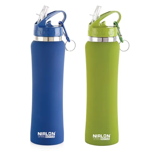 Image of NIRLON Flip Bot Stainless Steel Sipper Rubber Finish Water Bottle with Straw Lid Pack of 2 |