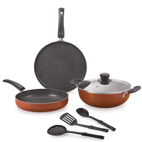Image of Nirlon Brownie Granite 7-Piece Aluminum Non Stick Cookware Combo Gift Set (Compatible with Gas & stovetops)