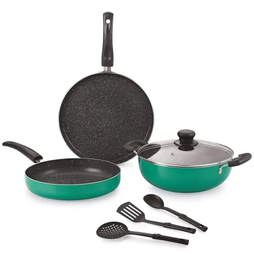 Image of Nirlon Greenchef Granite 7-Piece Aluminium Non Stick Non Induction Cookware Gift Set with Glass Lid & 3 Spoon - Green