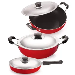 Nirlon Non Stick 3 Piece Combo Cookware Set Aluminium Red & Black