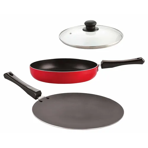 Image of Nirlon Non-Stick Aluminium Heat Resistance Cookware Combo Set, 3 - Piece (Concave Tawa|Fry Pan|1 Glass Lid)