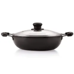 NIRLON Non-Stick Aluminium Induction & Gas Compatible Cookware Deep Kadhai with Glass Lid, 22cm- 2.25 Liter, Black