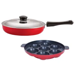 Nirlon Non-Stick Kitchen Cooking Utensil Item Set of 2 Pieces Including Fry Pan-3.2 LTR & Appam-7 Cavity (Color-Red)
