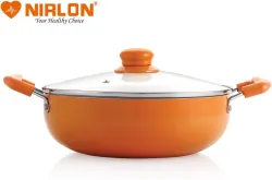 Nirlon 2.25L Non-Stick Induction Kadhai (22cm, Lid, Orange)