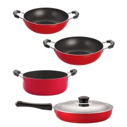 Nirlon Non Stick PFOA Free Gas Compatible Cookware Utensil Item Set of 4 Pieces with Bakelite Handle (FP10_KD11_KD12_CS2