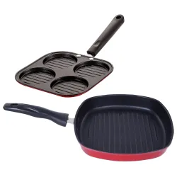 Nirlon Nonstick Aluminium Non-Induction Cookware Set of 2 Pieces Including Casting Uttapam-4 Cavity & Grill Pan-22.5cm (Color-Red)