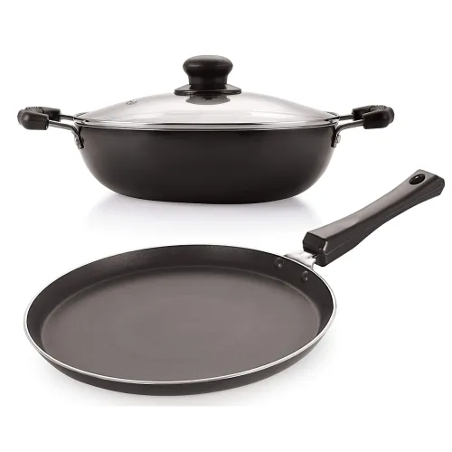 Image of Nirlon Aluminium Dishwasher Safe Nonstick Induction Base Flat Tawa 26 cm and Deep Kadhai 26 cm with Glass Lid