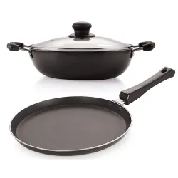 Nirlon Aluminium Dishwasher Safe Nonstick Induction Base Flat Tawa 26 cm and Deep Kadhai 26 cm with Glass Lid