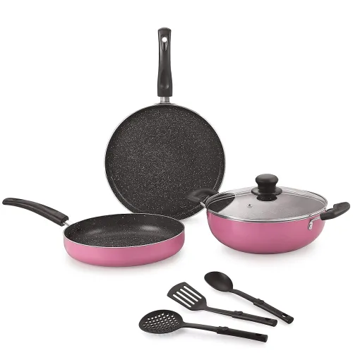Image of Nirlon Orchid Granite 7-Piece Aluminium Non Stick Dishwasher Safe Cookware Gift Set with Glass Lid & 3 Spoon, Pink