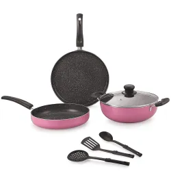 Nirlon Orchid Granite 7-Piece Aluminium Non Stick Dishwasher Safe Cookware Gift Set with Glass Lid & 3 Spoon, Pink
