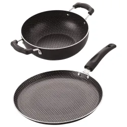 Nirlon Polka-Dot Non Induction Base Non Stick Aluminium 2 Piece Pots and Pan Set [Flat Tawa 26cm + Kadhai 22cm - 1.8 Liter]
