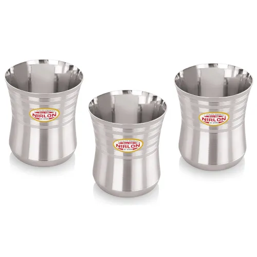 Image of NIRLON Stainless Steel Damru Shape Heavy Gauge Glass Set of 3, 300ml