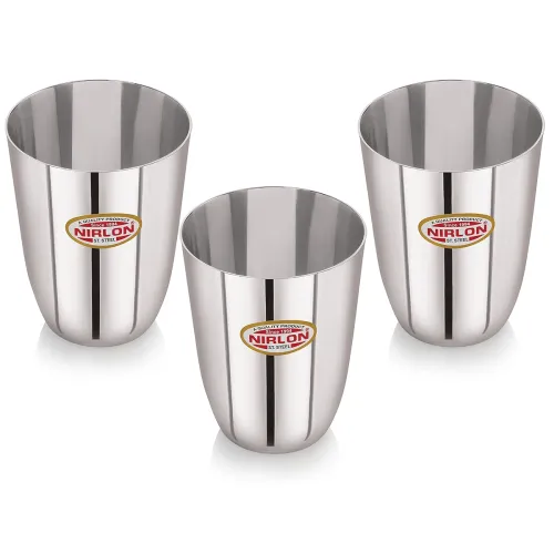 Image of NIRLON Stainless Steel Solid Plain Heavy Gauge Glass Set of 3, 300ml