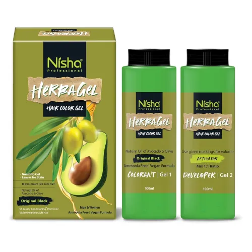 Image of Nisha Herba Care Hair Colour & Beard Colour Gel 200ml (100ml Colorant + 100ml Developer), Original Black, 100% Grey Cove