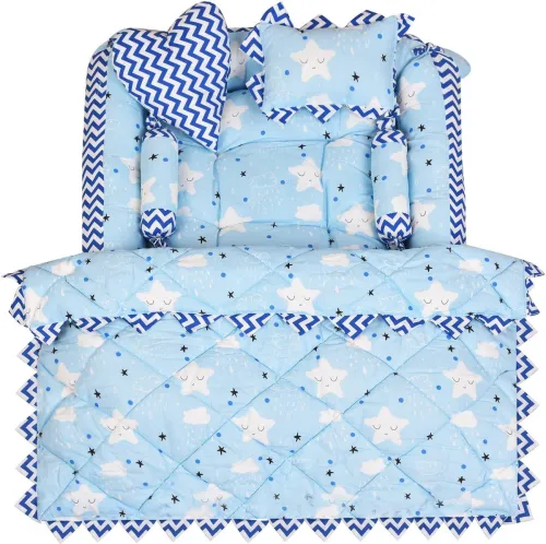 Image of Nitienterprises Blue 4 Pillows & Square shape Cotton Baby Bed 