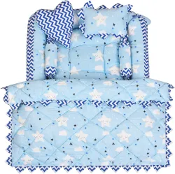 Nitienterprises Blue 4 Pillows & Square shape Cotton Baby Bed