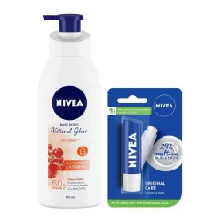 Nivea Body Lotion, Extra Whitening Cell Repair SPF 15, For All Skin Types, 400ml & Lip Balm, Original Care, 4.8g