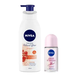 Nivea Body Lotion, Extra Whitening Cell Repair SPF 15, For All Skin Types, 400ml & Deodorant Roll On, Pearl & Beauty, 50