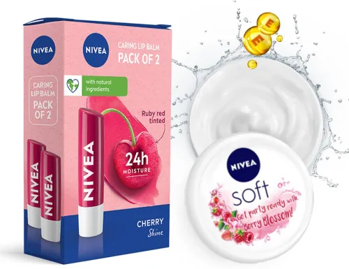 Image of NIVEA Cherry Fruity Shine Lipbalm + Soft Light Moisturizing Cream Berry Blossom Cherry/Berry
