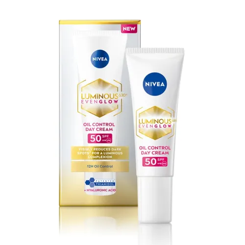 Image of NIVEA Luminous Even Glow Oil Control Day Cream for face |SPF 50 with UV protection & UVA UVB filters | Thiamidol, Hyalur