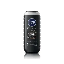 NIVEA Men Body Wash, Active Clean with Active Charcoal, Shower Gel for Body, Face & Hair, 250 ml