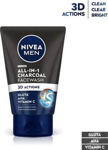 Image of Nivea Men All In One Charcoal with Vitamin C, Gluta, AHA ,Brighten Radiant Skin Cleanser Face Wash