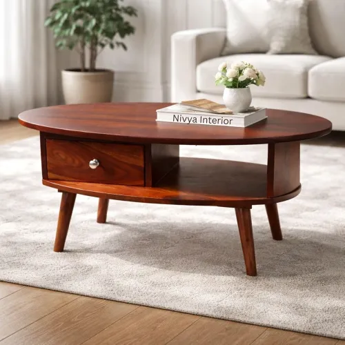 Image of Nivya Interior Oval Solid Sheesham Wooden Coffee Table for Home | Living Room Center Table with Storage Shelf & Drawer |