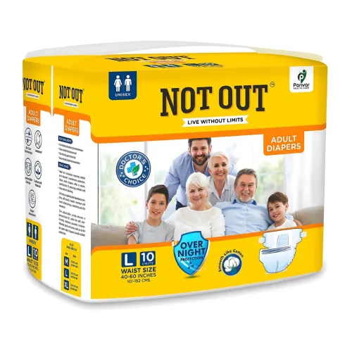 Image of NOT OUT Adult Tape Diapers - Overnight Protection with 3D Core, Odour Control & Up to 12-Hour Absorption | Large (40-60 
