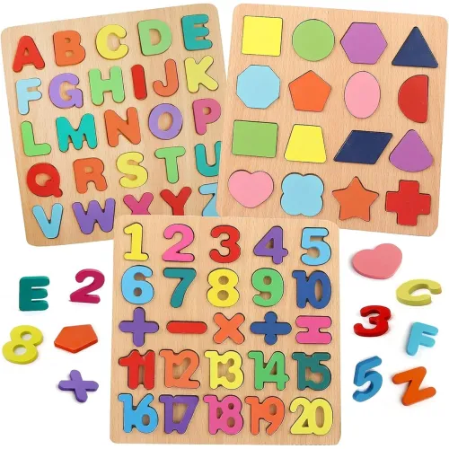 Image of Novo Baby Colorful Wooden Puzzle Set Featuring 3D Capital Alphabets, Numbers, and Shapes|