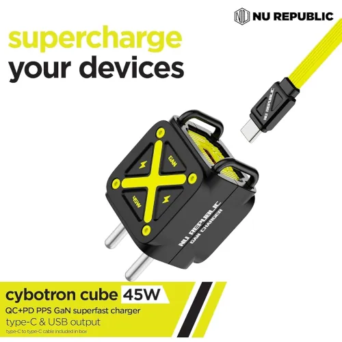 Image of Nu Republic Cybotron Cube 45W GaN Charger, Dual Output Type-C & USB-A, PD PPS Fast Charging, with Cable, for Type c Devi