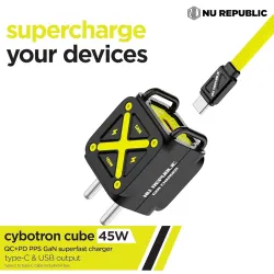 Nu Republic Cybotron Cube 45W GaN Charger, Dual Output Type-C & USB-A, PD PPS Fast Charging, with Cable, for Type c Devi