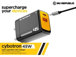 Nu Republic 45 W GaN 4 A Dual Port Mobile Charger with Detachable Cable (Black, Cable Included)