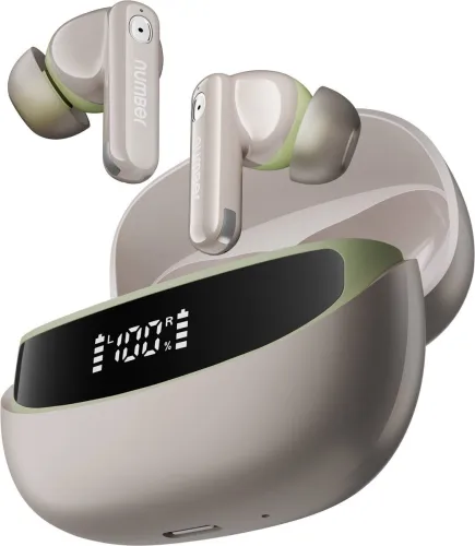 Image of Number Navo Buds Z1 w/ Digital Display, 72H Playtime, 4Mic ENC, Dual Pairing, Hi-Bass Bluetooth (Spring Beige, True Wire