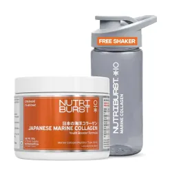 Nutriburst Japanese Marine Collagen Powder 100g with Free Shaker | Marine Collagen Peptides Type I & III with Hyaluronic Acid | 8 g High Absorption Collagen | Orange Flavour | Supports Skin....