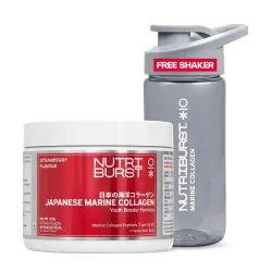 Nutriburst Japanese Marine Collagen Powder 100 g with Free Shaker | Marine Collagen Peptides Type I & III with Hyaluronic Acid | 8 g High Absorption Collagen | Strawberry Flavour | Supports....