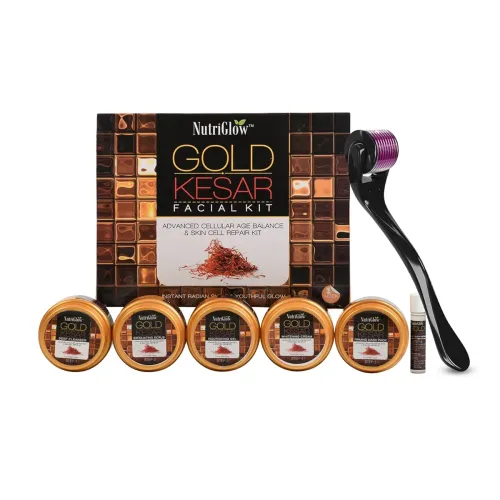 Image of NutriGlow Gold Kesar Facial Kit for Women for Glowing Skin, 6-Pieces Skin Care /Skin Cleanup Set with Derma Roller (250 
