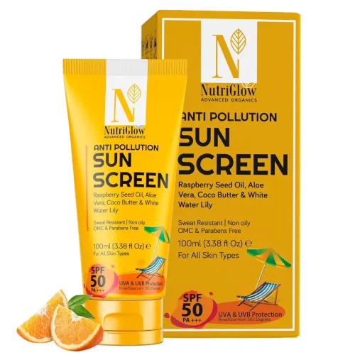 Image of NutriGlow Advanced Organics Anti-Pollution Sunscreen SPF 50 PA+++ | No White Cast | Raspberry Seed Oil + White Water Lil