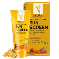 NutriGlow Advanced Organics Anti-Pollution Sunscreen SPF 50 PA+++ | No White Cast | Raspberry Seed Oil + White Water Lil