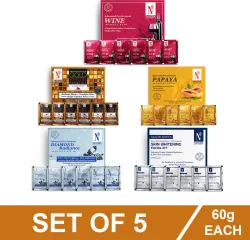 NutriGlow NATURALS Facial Kit Pack-5 Wine|Papaya|Gold Kesar|Skin Whitening & Diamond| 300 g (5 x 60 g)