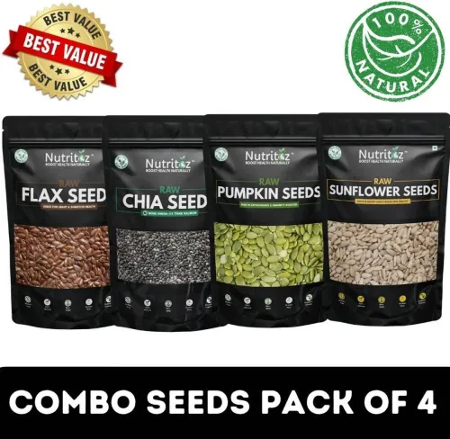 Image of Nutritoz Raw Chia Seeds, Flax, Pumpkin & Sunflower Seeds Combo 50GM Pack of 4 Chia Seeds, Brown Flax Seeds, Pumpkin Seed