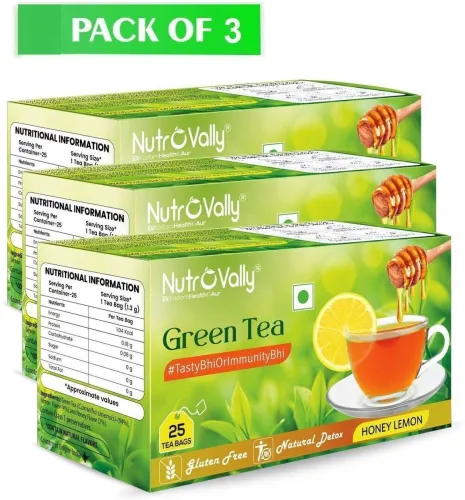 Image of NutroVally Honey Lemon Green Tea for Weight Loss | Vit C Rich Immunity Booster Honey, Lemon Green Tea Bags Box (3 x 25 B