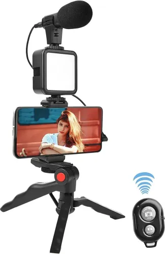 Image of NVIRAV Vlogging Kit with Mic, Light & Tripod (Supports up to 1500g) 