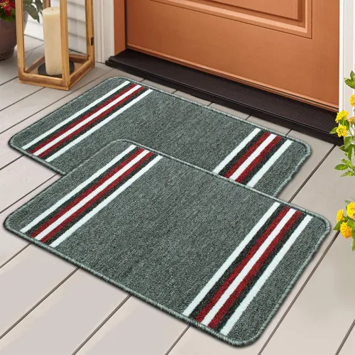 Image of Nylon Anti-Skid Bathroom Floor Mat Light Grey Stripes Pack 2