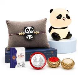 Oblivion Rakhi for Brother – Cute Panda Design Kids Rakhi with Decorative Panda Shape Night Lamp, Silver Color Pooja Coin, Greeting Card & Tilak Set – Tradtional Raksha Bandhan Combo for Kid...
