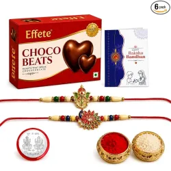 Oblivion Rakhi with Chocolate for Brother – Ganesha & Peacock Desigin Rakhi 2 Pcs with Choco Beats Chocolate 32gms, Silver Color Coin, Greeting Card & Tilak Set – Traditional Festival Celebr...