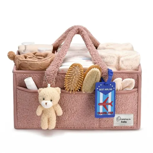 Image of OCEANEVO Cute Fur Diaper Caddy Organizer Bag WITH Luggage Tag AND Bear Charm, Baby Basket Essentials for Newborn Baby Pr