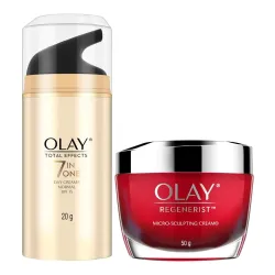 Olay Day Cream Regenerist Microsculpting Moisturiser (NON SPF), 50g & Olay Day Cream Total Effects 7 in 1, Anti-Ageing SPF 15, 20g