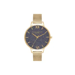 Olivia Burton Glitter Dial Qtz Basic Blue Round Dial Women's Watch|Ionic Plated Gold Steel Material|Gold Color Band - OB16GD75