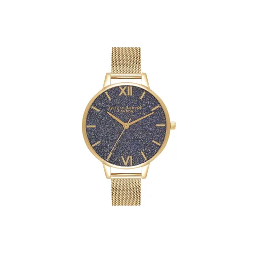 Image of Olivia Burton Glitter Dial Qtz Basic Blue Round Dial Women's Watch | Ionic Plated Gold Steel Material | Gold Color Band 